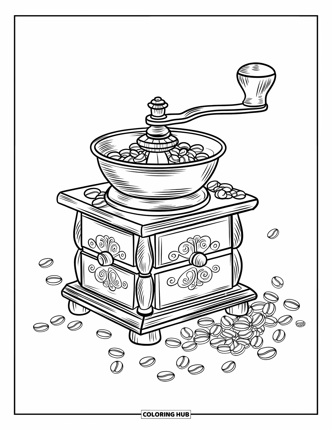 Desen de colorat cu cafea pentru adulți: O râșniță de cafea ornamentată, cu sculpturi și boabe împrăștiate