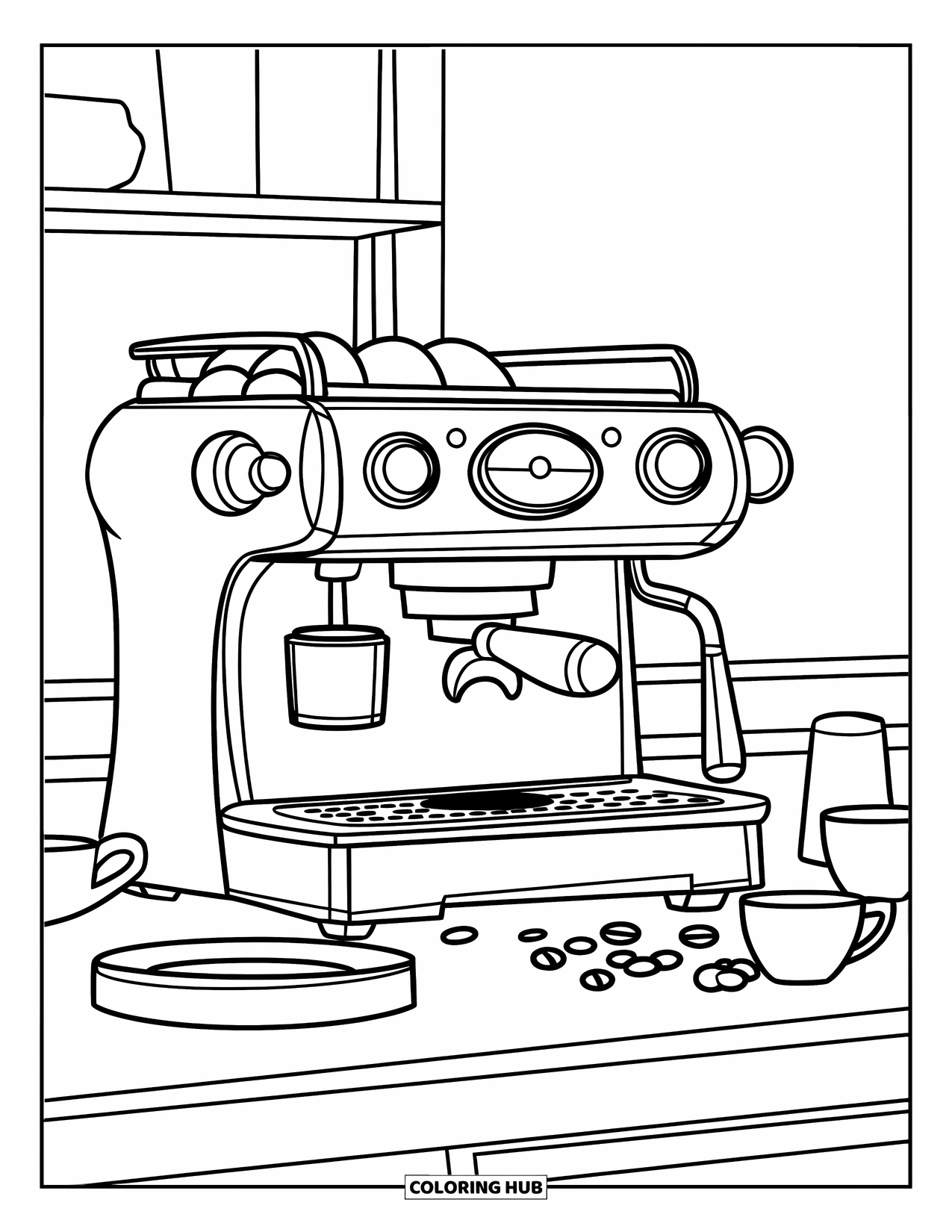Desen de colorat cu cafea pentru copii: O stație de barista cu un aparat de espresso, o tavă și boabe de cafea împrăștiate