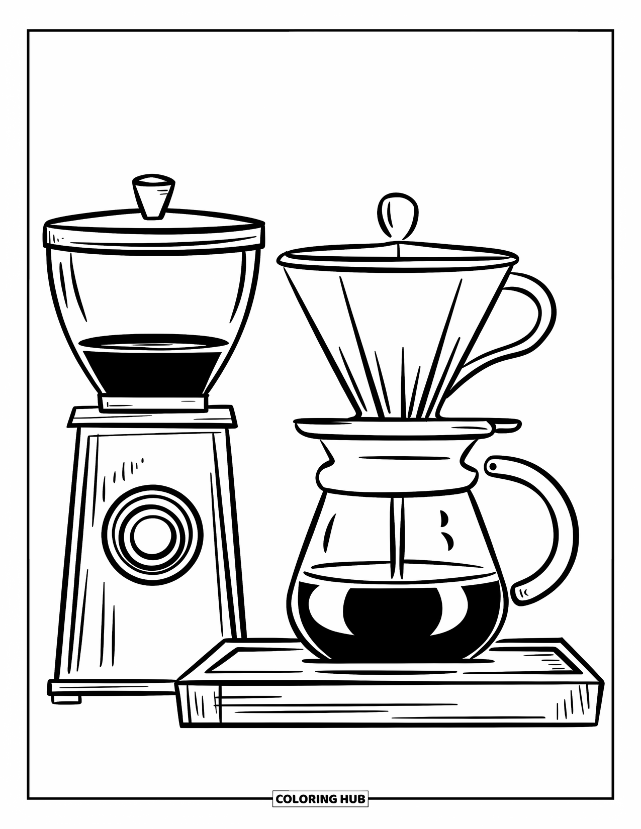 Desen de colorat cu cafea pentru copii: O stație de preparare cu un French press, con de turnare și râșniță de cafea pe o masă