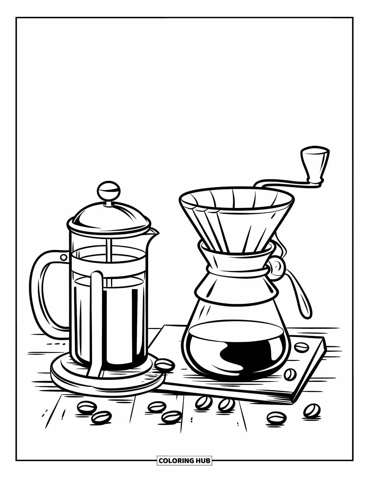 Desen de colorat cu cafea pentru copii: O stație de preparare cu o suprafață de lemn, râșniță de cafea și boabe de cafea împrăștiate