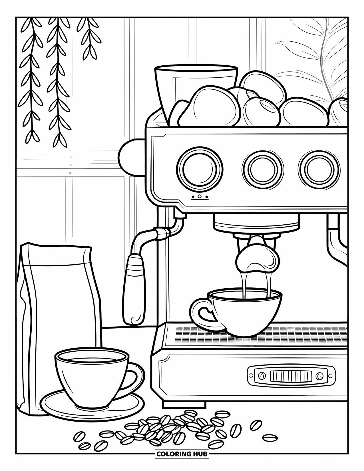 Desen de colorat cu cafea pentru copii: O stație de barista de cafenea cu un aparat de espresso, o ceașcă și boabe de cafea împrăștiate