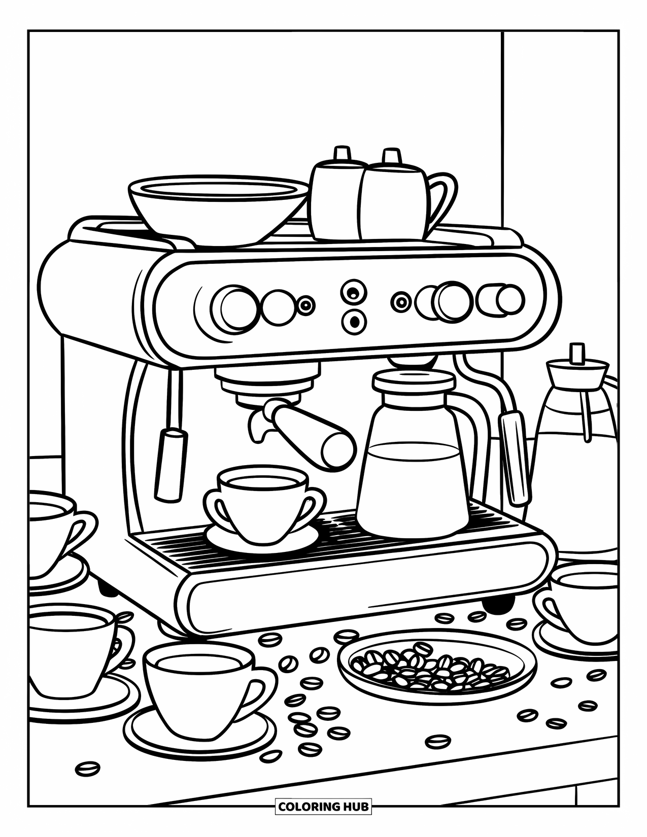 Desen de colorat cu cafea pentru copii: O stație de barista de cafenea cu un aparat de espresso, un ulcior de lapte și boabe de cafea