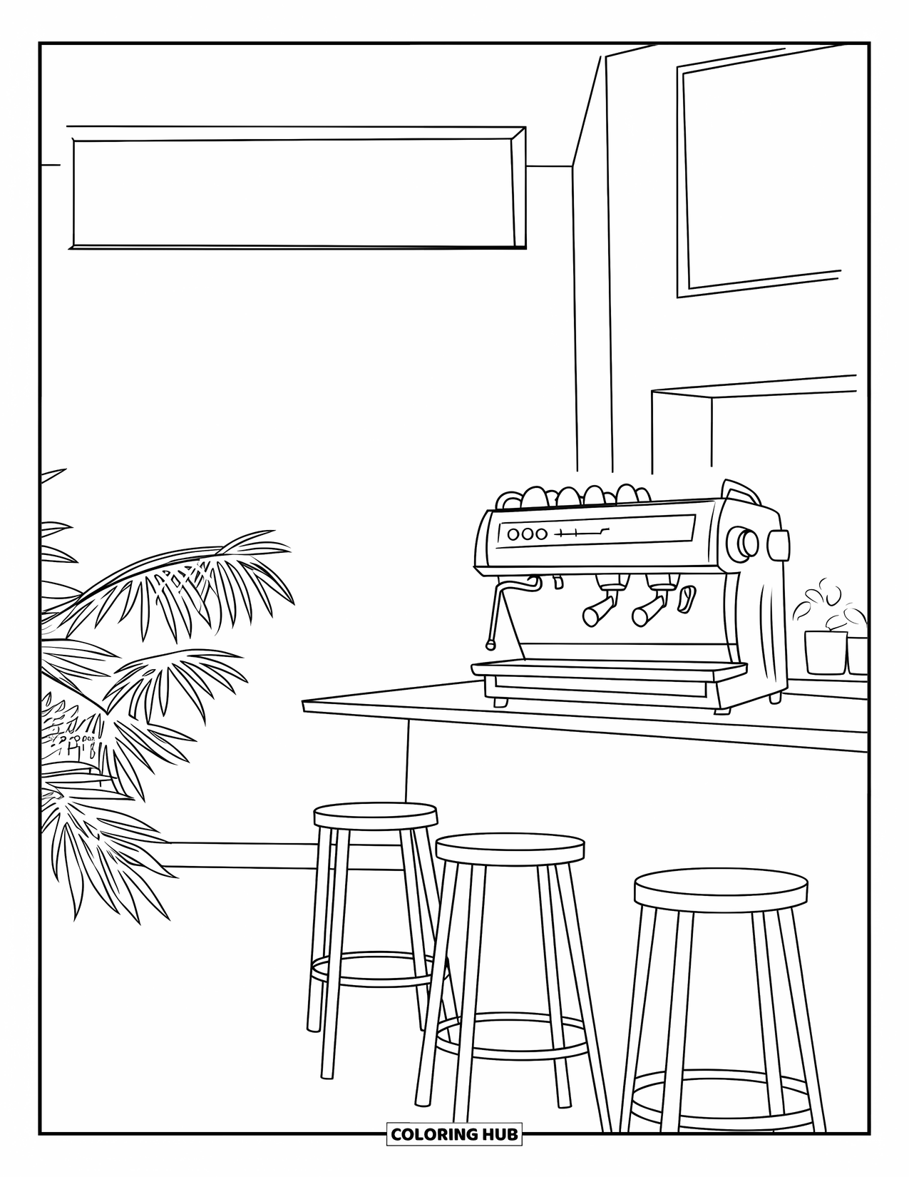 Desen de colorat cu cafea pentru copii: O scenă de cafenea cu scaune, un tejghea, un aparat de cafea și plante în ghivece