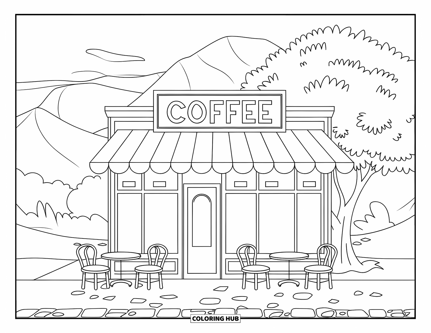 Desen de colorat cu cafea pentru copii: O fațadă de cafenea cu un semn "Coffee", pământ cu piatră cubică, copaci și peisaj montan