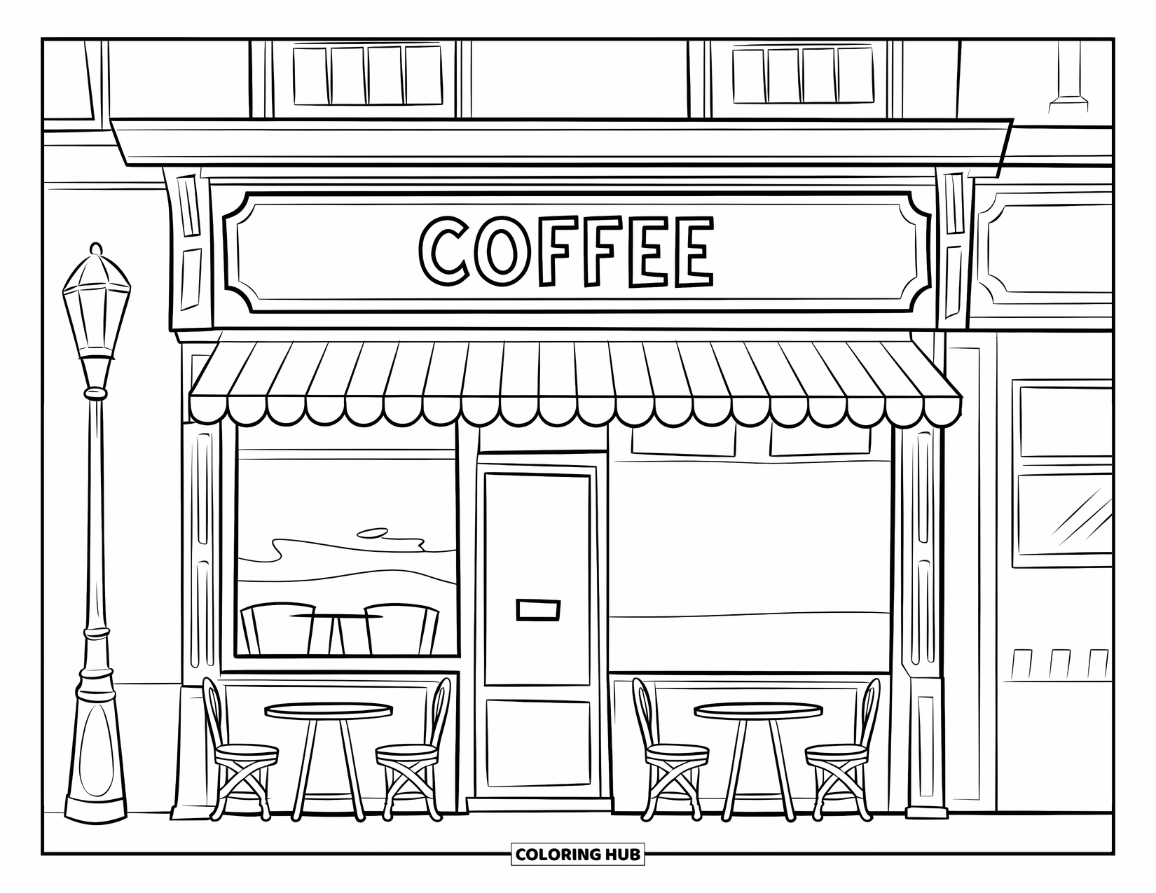 Desen de colorat cu cafea pentru copii: O fațadă de cafenea cu un semn "Coffee", mese în aer liber și un stâlp de iluminat