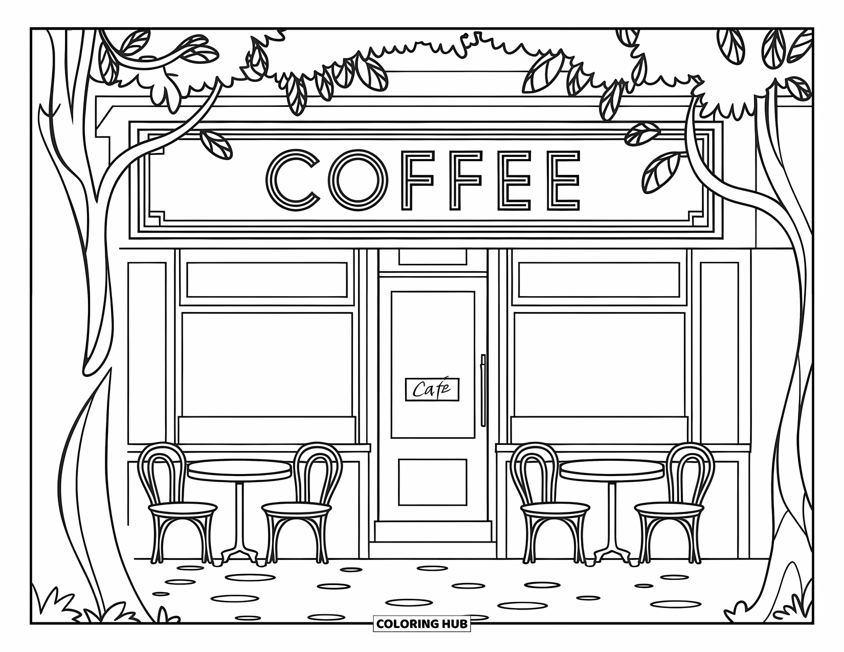Desen de colorat cu cafea pentru copii: O fațadă de cafenea cu un semn "Coffee", pavaj de piatră și copaci cu frunze