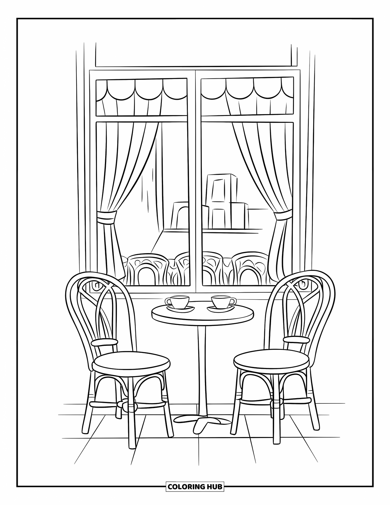 Desen de colorat cu cafea pentru copii: O cafenea fermecătoare cu o masă rotundă, cești de cafea, scaune și o fereastră cu perdele