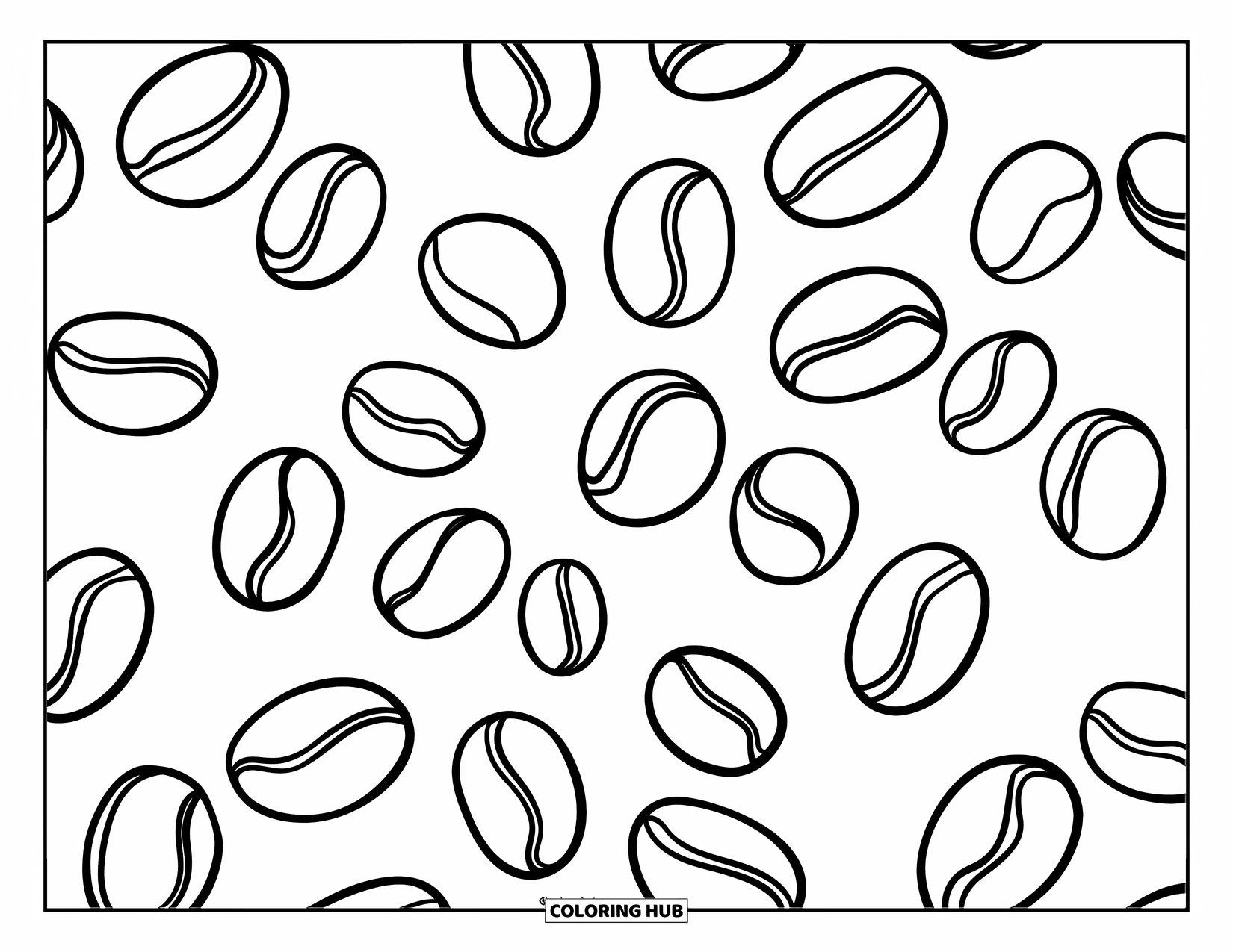 Desen de colorat cu cafea pentru copii: Un design vesel cu boabe de cafea împrăștiate în diferite dimensiuni
