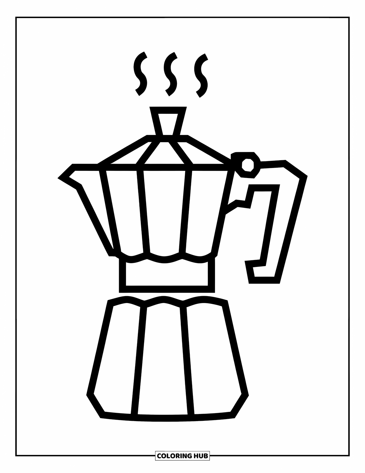 Desen de colorat cu cafea pentru copii: Un ibric de cafea robust cu un gura de scurgere largă și abur care se ridică