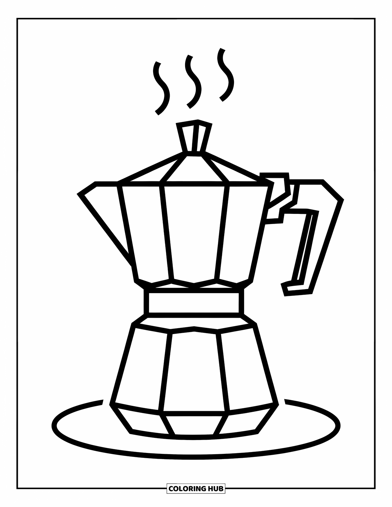Desen de colorat cu cafea pentru copii: Un ibric clasic cu abur și un mâner robust