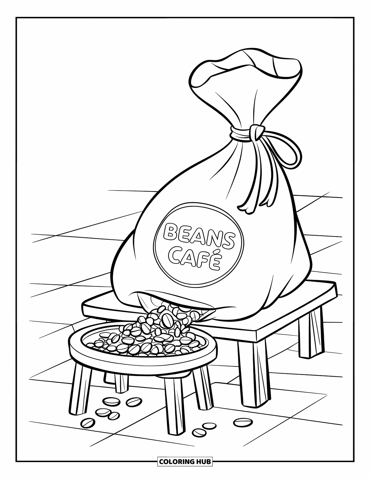 Desen de colorat cu cafea pentru copii: Un sac de boabe de cafea legat cu o sfoară, care varsă boabe pe o masă în carouri