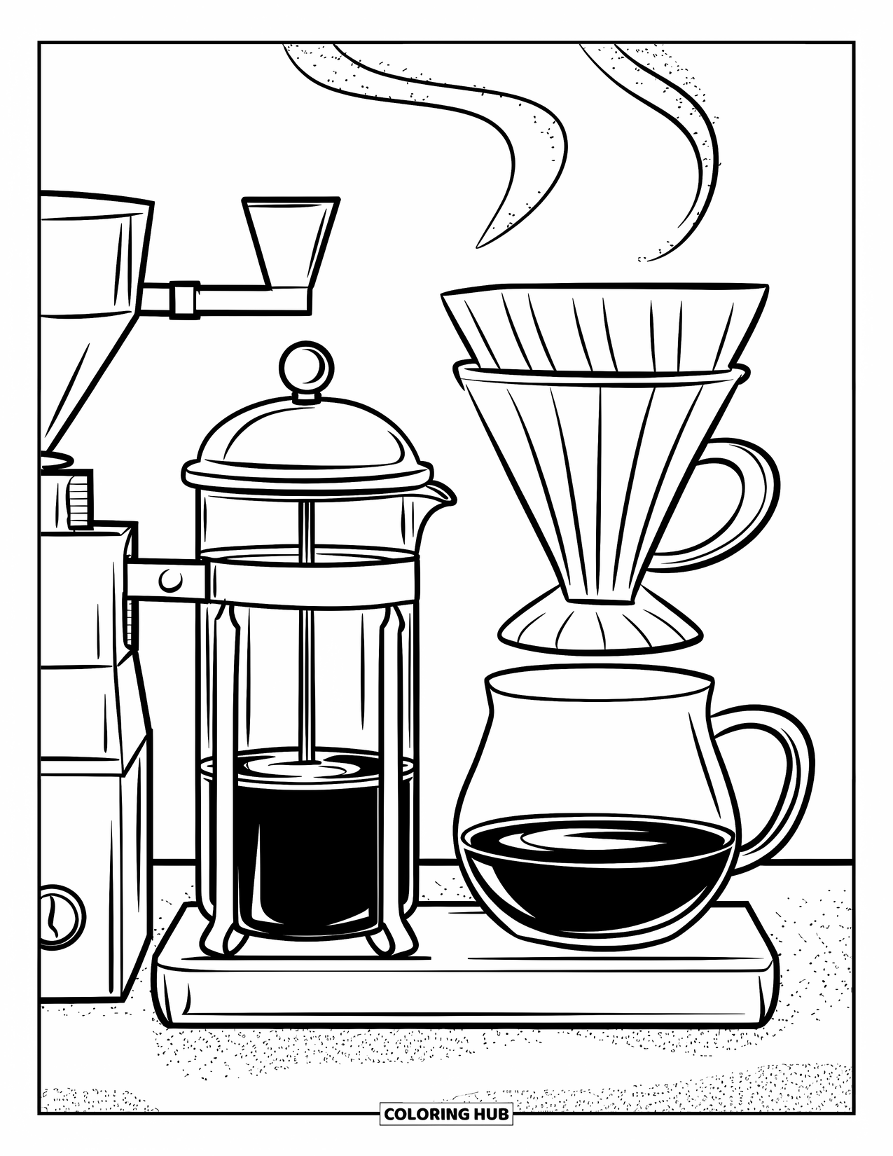Desen de colorat cu cafea pentru copii: O stație de preparare a cafelei cu un French press, con de turnare și râșniță