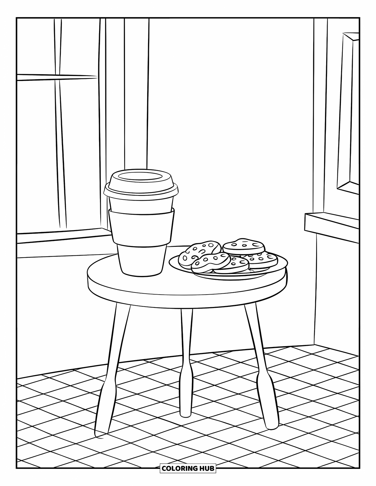 Desen de colorat cu cafea pentru copii: O ceașcă de cafea și biscuiți pe o masă, așezate pe o podea în carouri lângă o fereastră