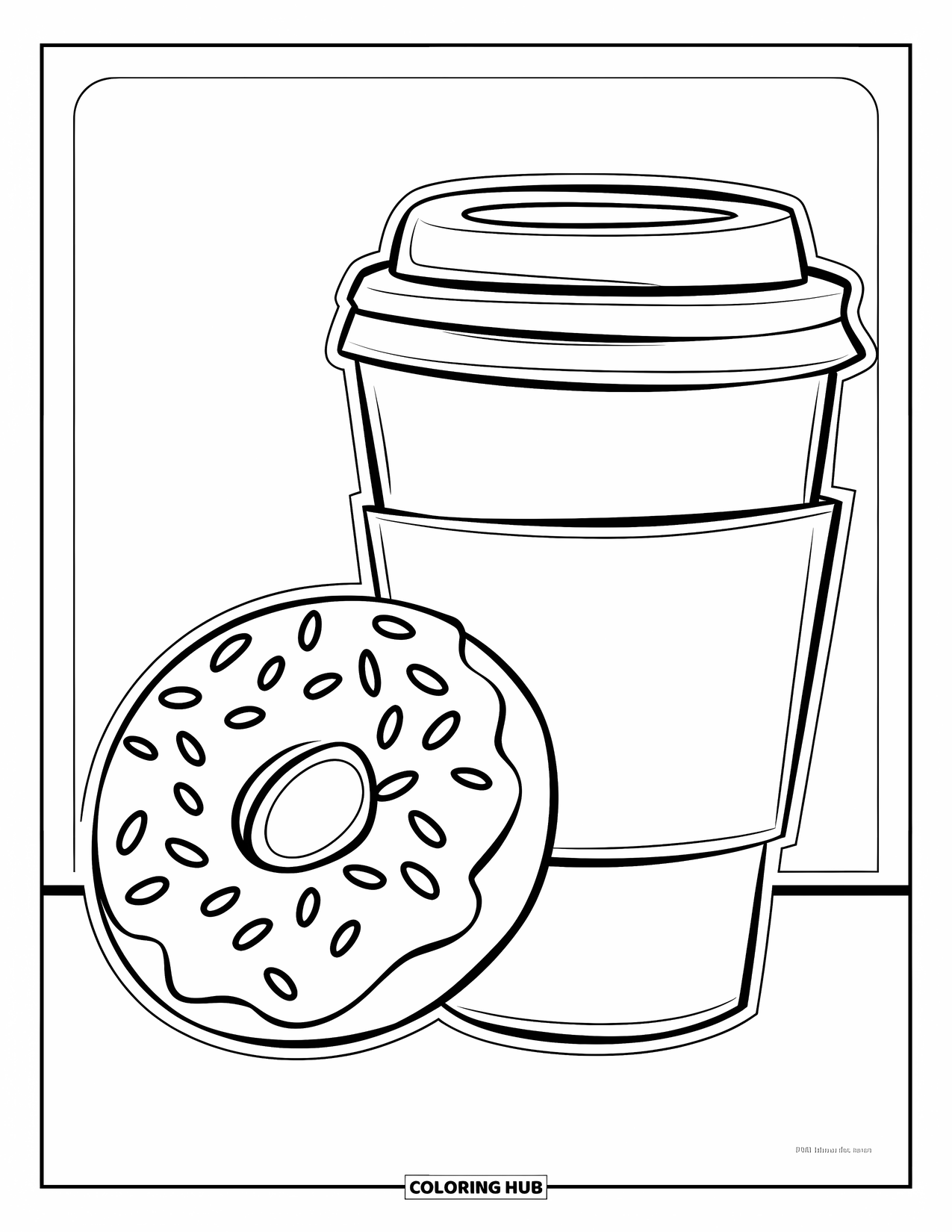 Desen de colorat cu cafea pentru copii: O ceașcă de cafea și o gogoașă cu o senzație caldă și primitoare