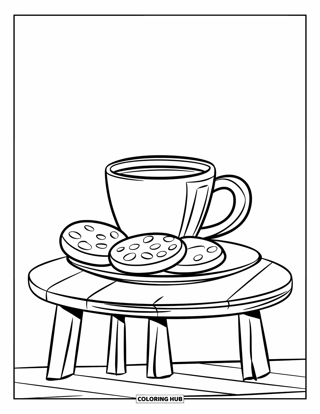 Desen de colorat cu cafea pentru copii: O ceașcă de cafea pe o masă mică de lemn cu biscuiți alături