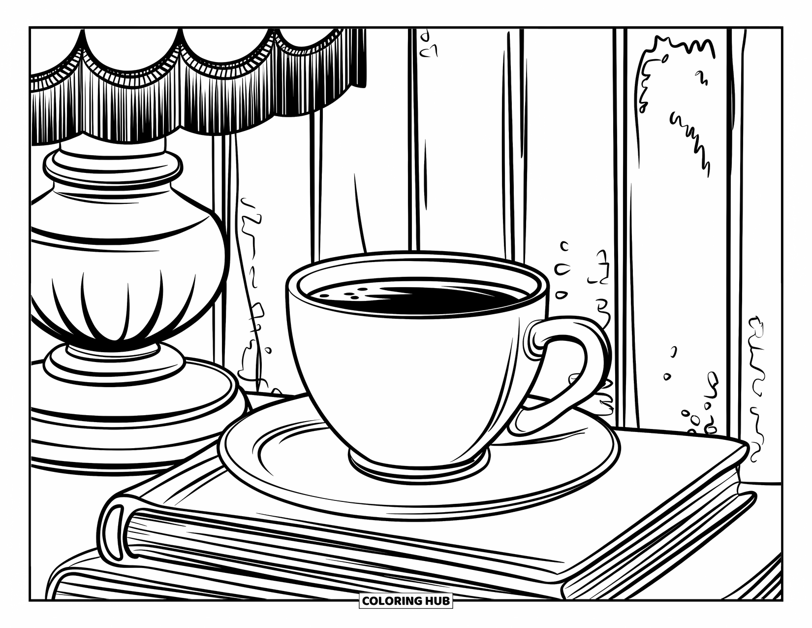 Desen de colorat cu cafea pentru copii: O ceașcă de cafea pe cărți într-o cafenea vintage cu o lampă cu franjuri și texturi de lemn