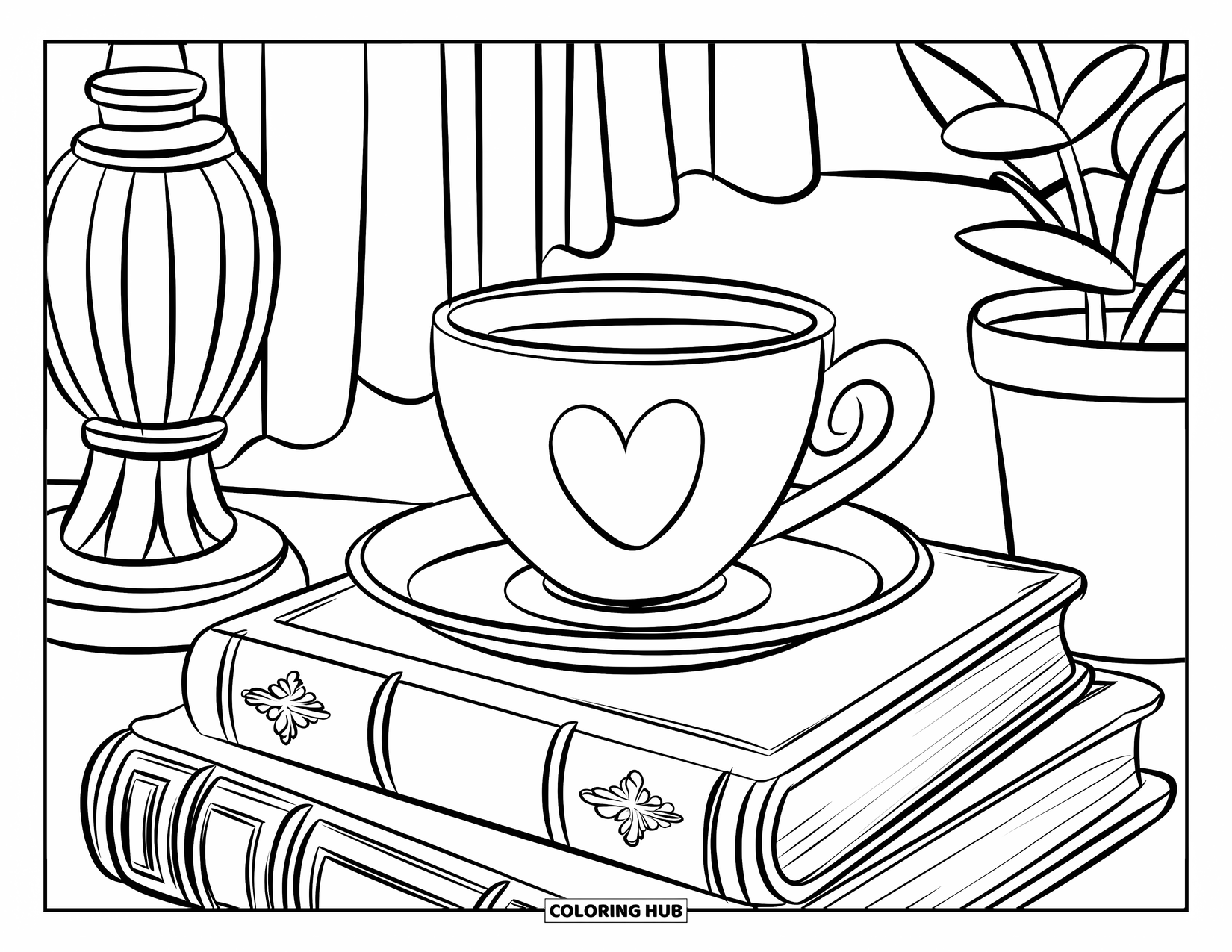 Desen de colorat cu cafea pentru copii: O ceașcă de cafea cu o gravură de inimă, înconjurată de decor vintage într-o cafenea confortabilă