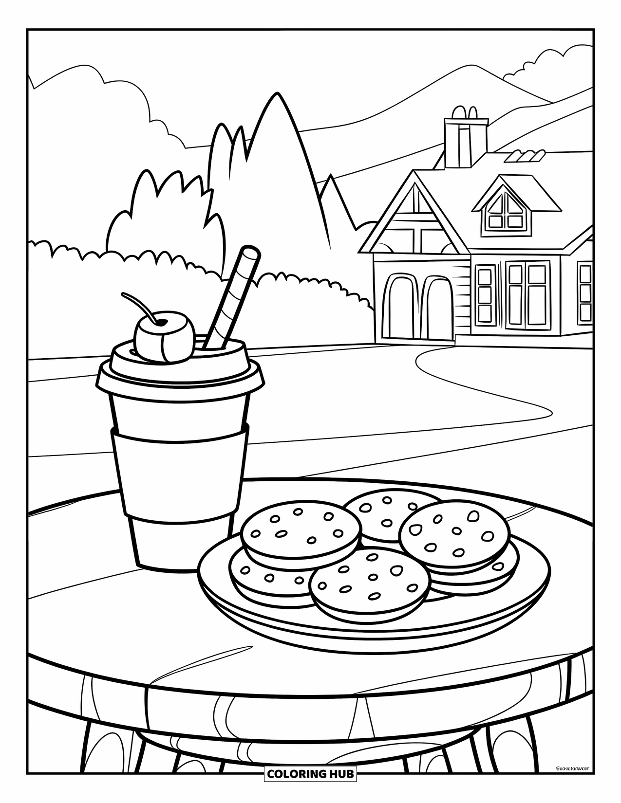 Desen de colorat cu cafea pentru copii: O ceașcă de cafea cu un pai, biscuiți și o casă cu copaci în fundal