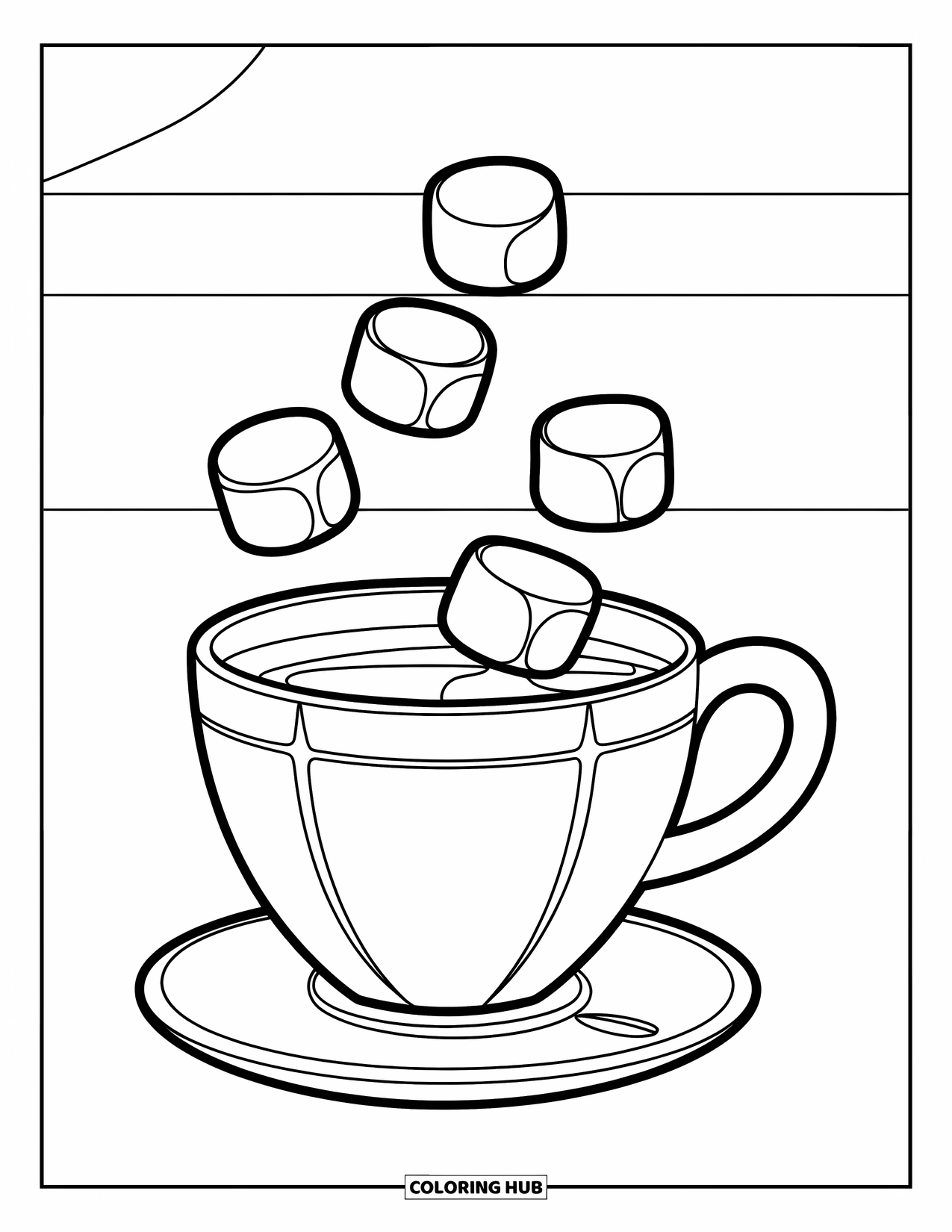 Desen de colorat cu cafea pentru copii: O ceașcă de cafea cu bezele plutitoare deasupra