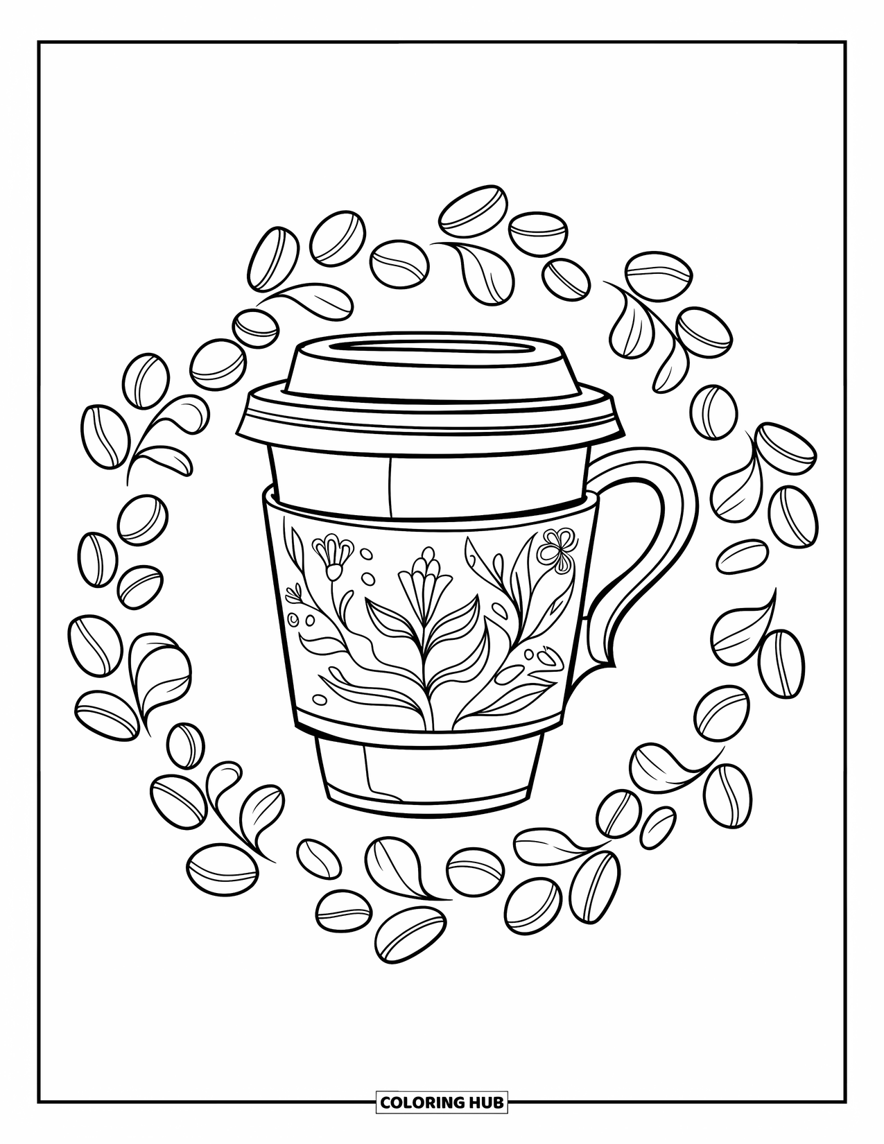 Desen de colorat cu cafea pentru copii: O ceașcă de cafea cu gravuri florale, înconjurată de boabe de cafea într-un model circular