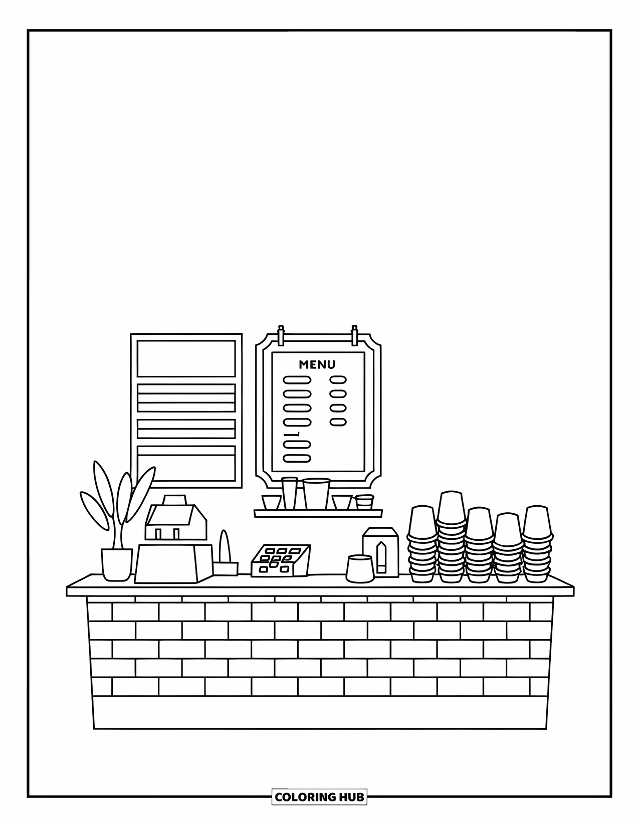 Desen de colorat cu cafea pentru copii: O cafenea cu un tejghea, casă de marcat, cești stivuite și un fundal simplu