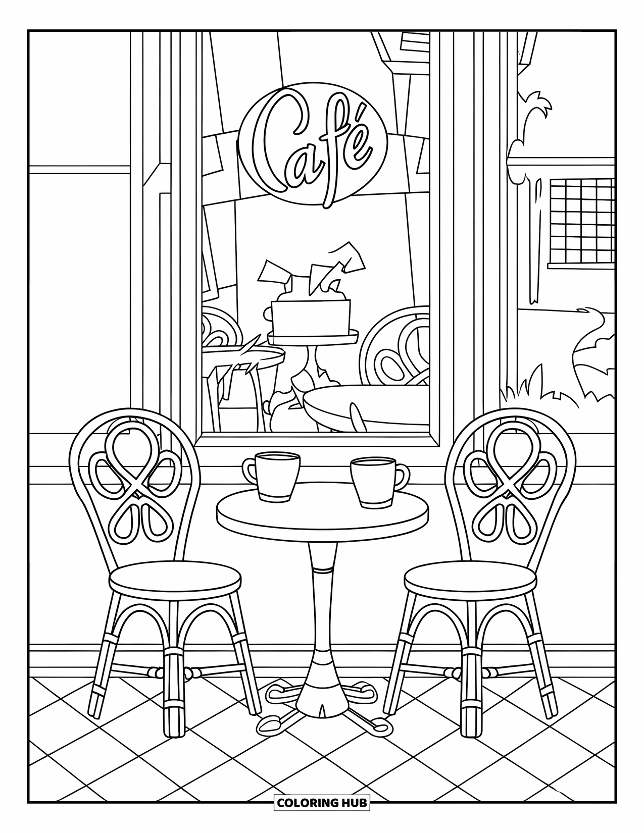 Desen de colorat cu cafea pentru copii: O scenă de cafenea confortabilă cu o masă mică, două cești de cafea și o fereastră