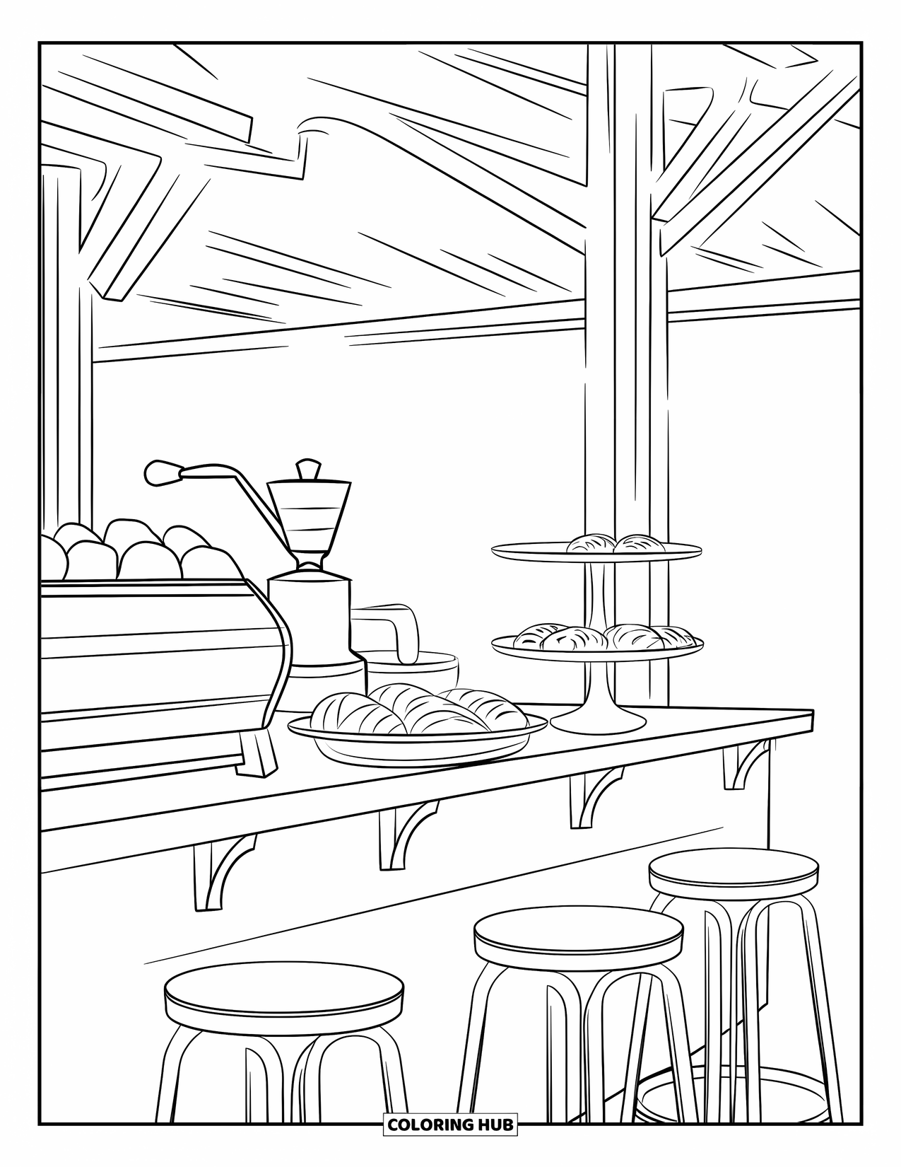 Desen de colorat cu cafea pentru copii: O cafenea confortabilă cu un ibric de cafea aburind, produse de patiserie și grinzi de lemn