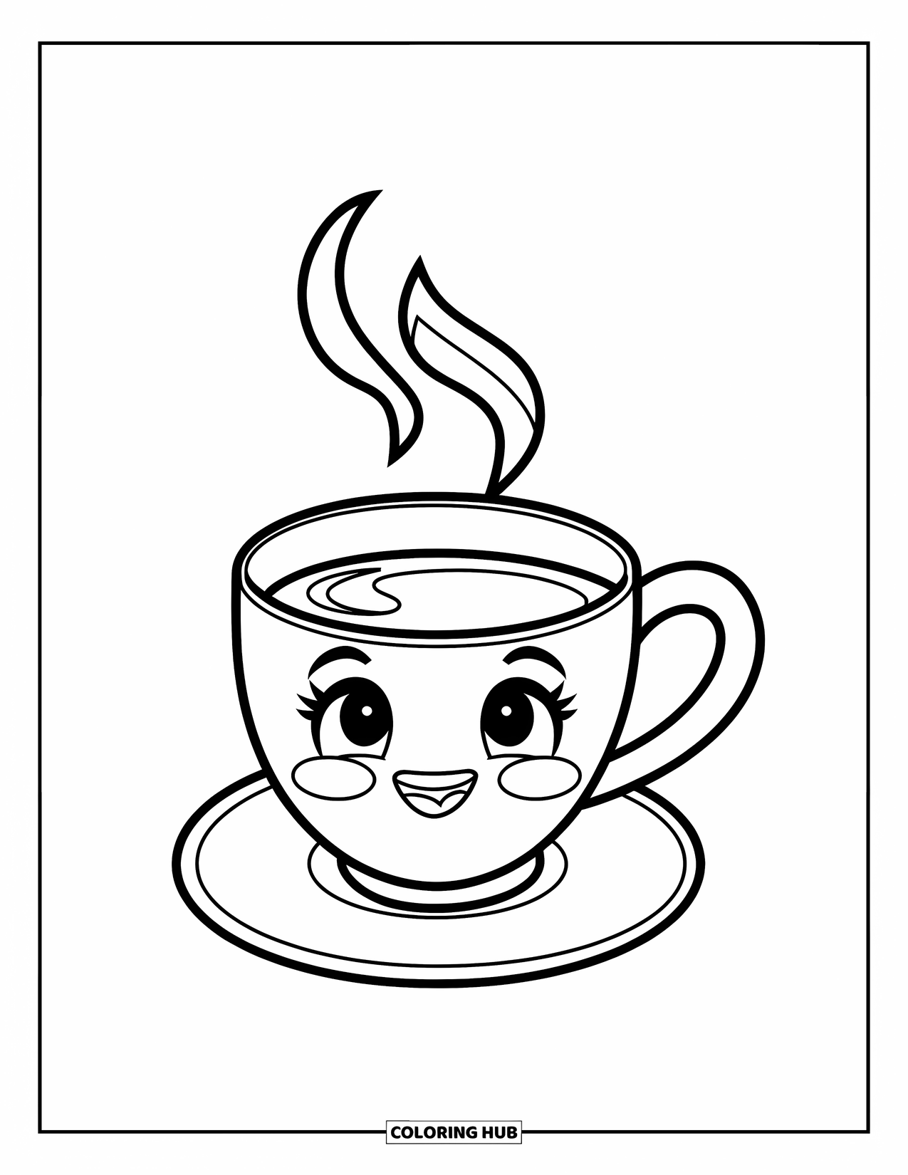 Desen de colorat cu cafea pentru copii: O cană de cafea drăguță cu vârtejuri de abur pe o farfurioară