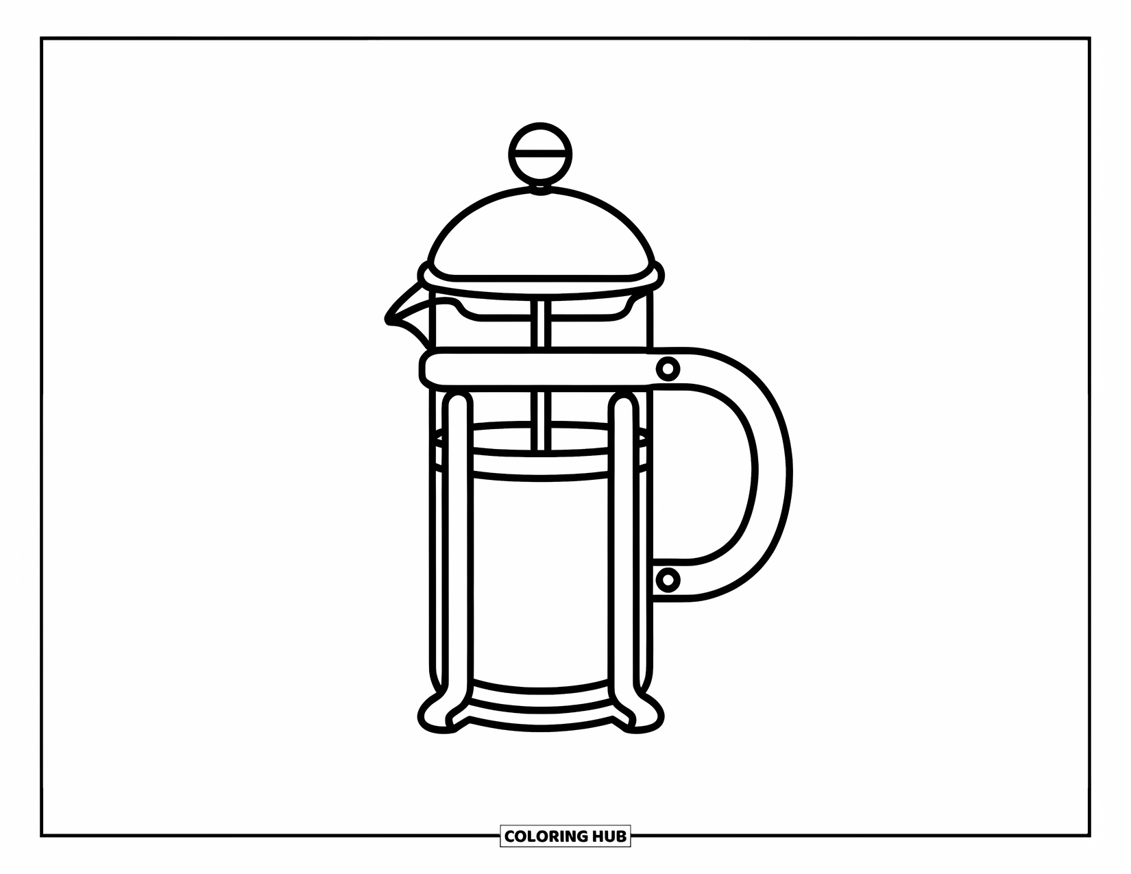 Desen de colorat cu cafea pentru copii: Un aparat de cafea French press cu un piston și un mâner ușor de recunoscut