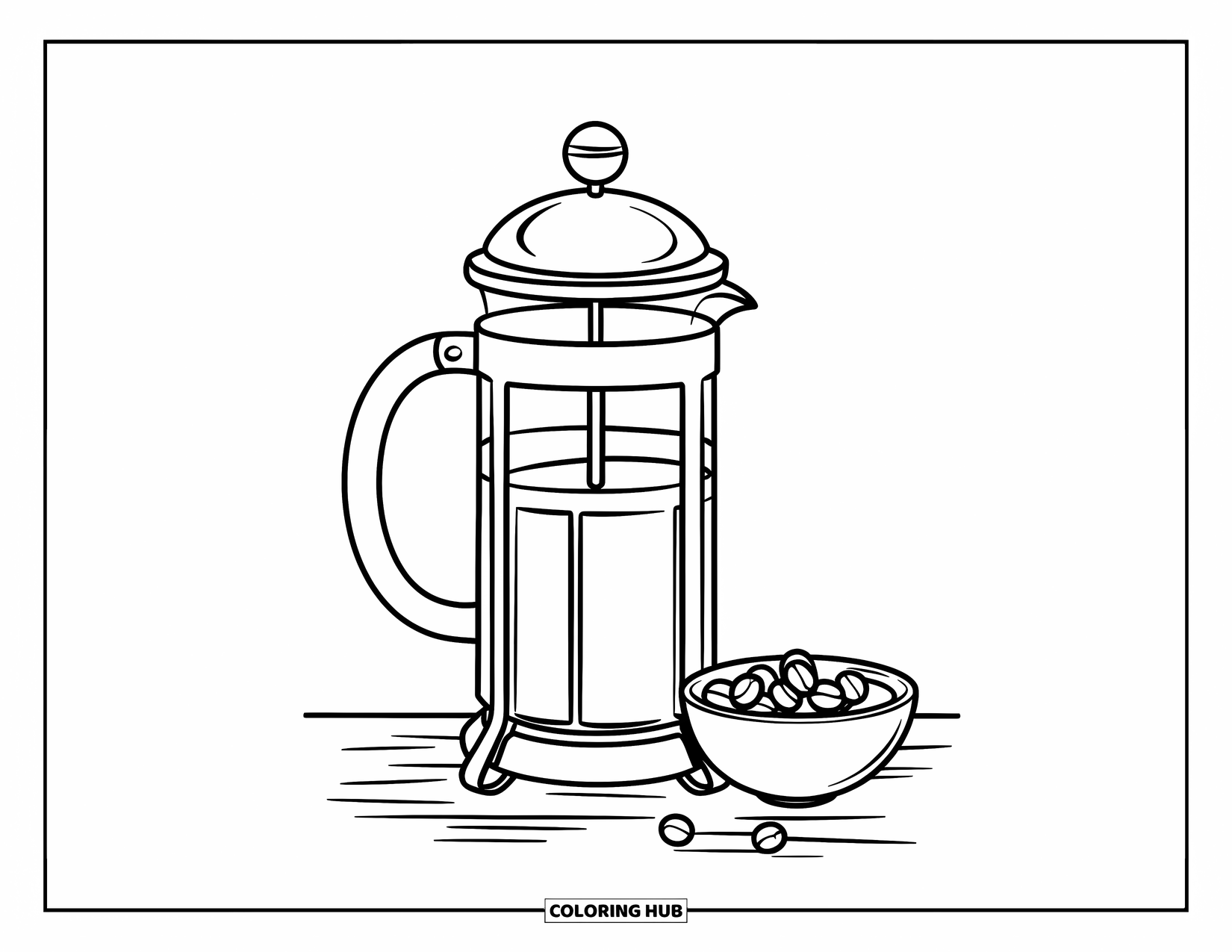 Desen de colorat cu cafea pentru copii: Un French press pe o suprafață de lemn cu boabe de cafea alături