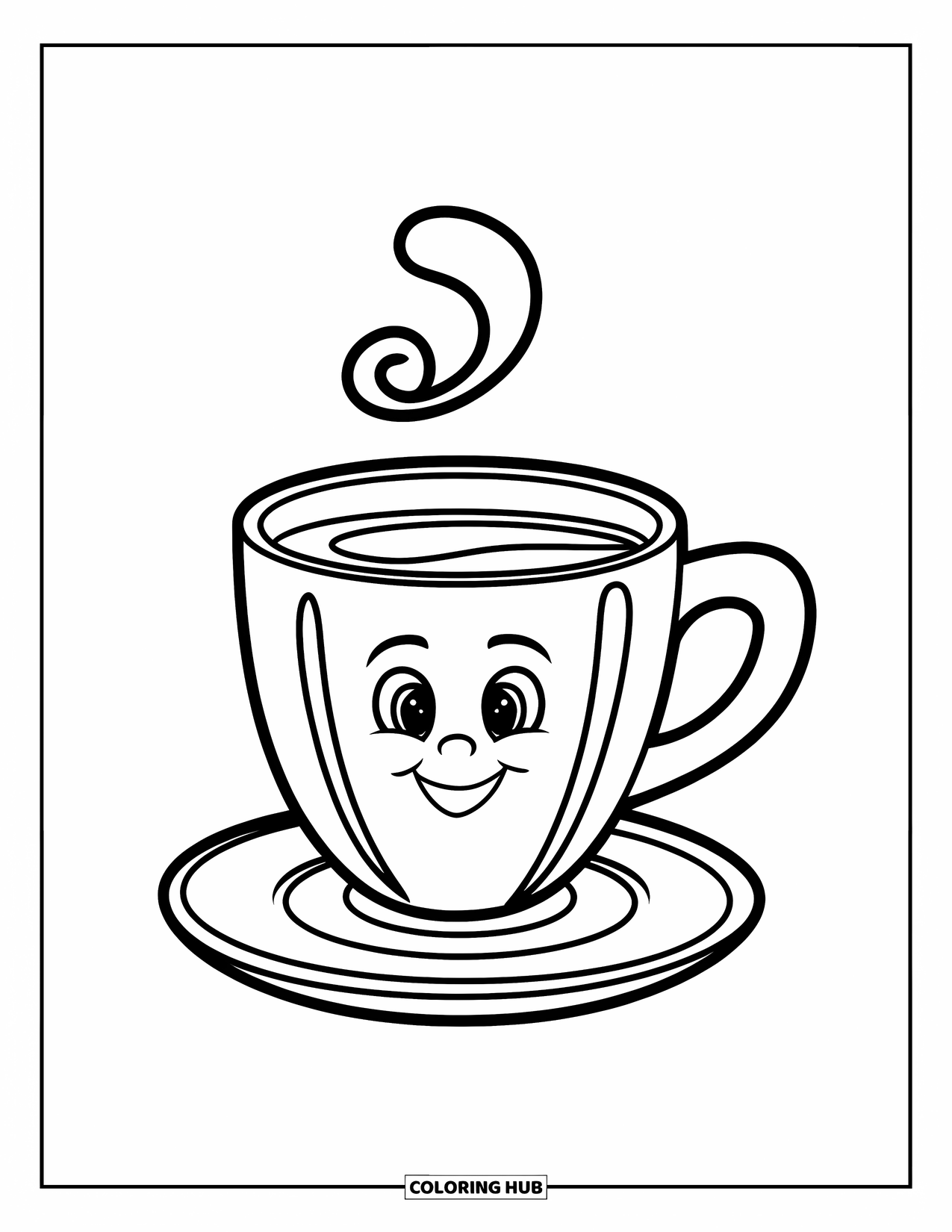 Desen de colorat cu cafea pentru copii: O cană de cafea fericită cu abur, așezată pe o farfurioară
