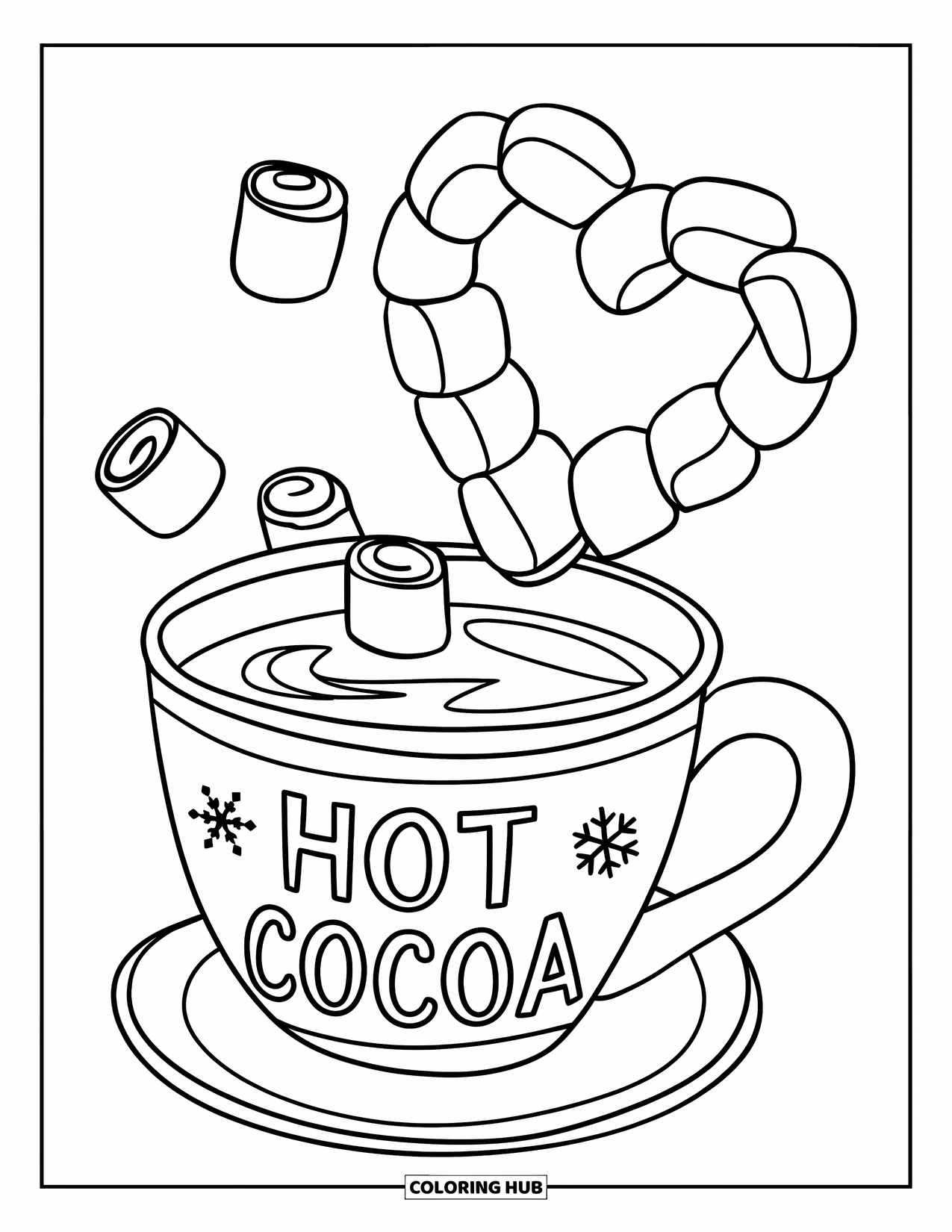 Desen de colorat cu cafea pentru copii: O ceașcă de ciocolată caldă cu un fulg de zăpadă și bezele în formă de inimă