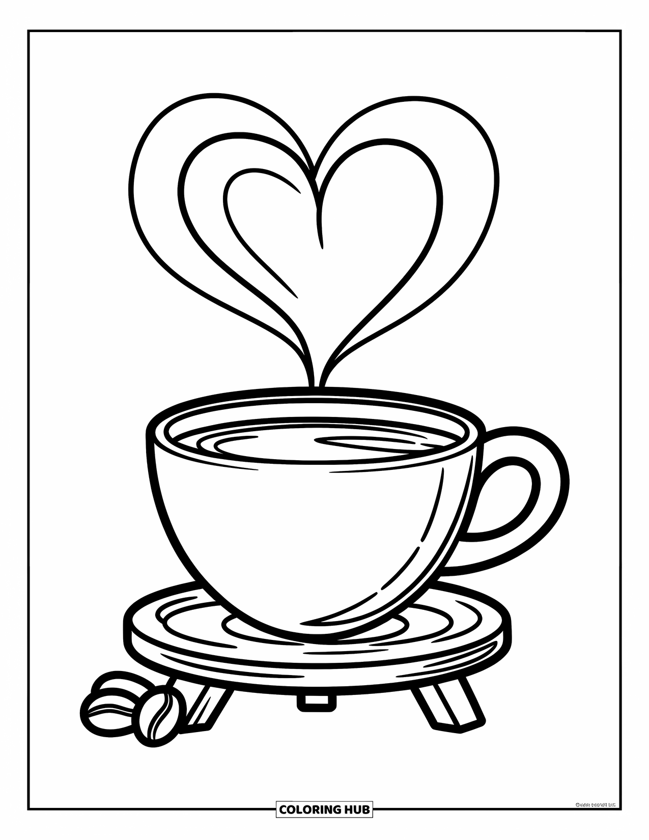 Desen de colorat cu cafea pentru copii: O cană mare de cafea cu abur în formă de inimă pe un suport