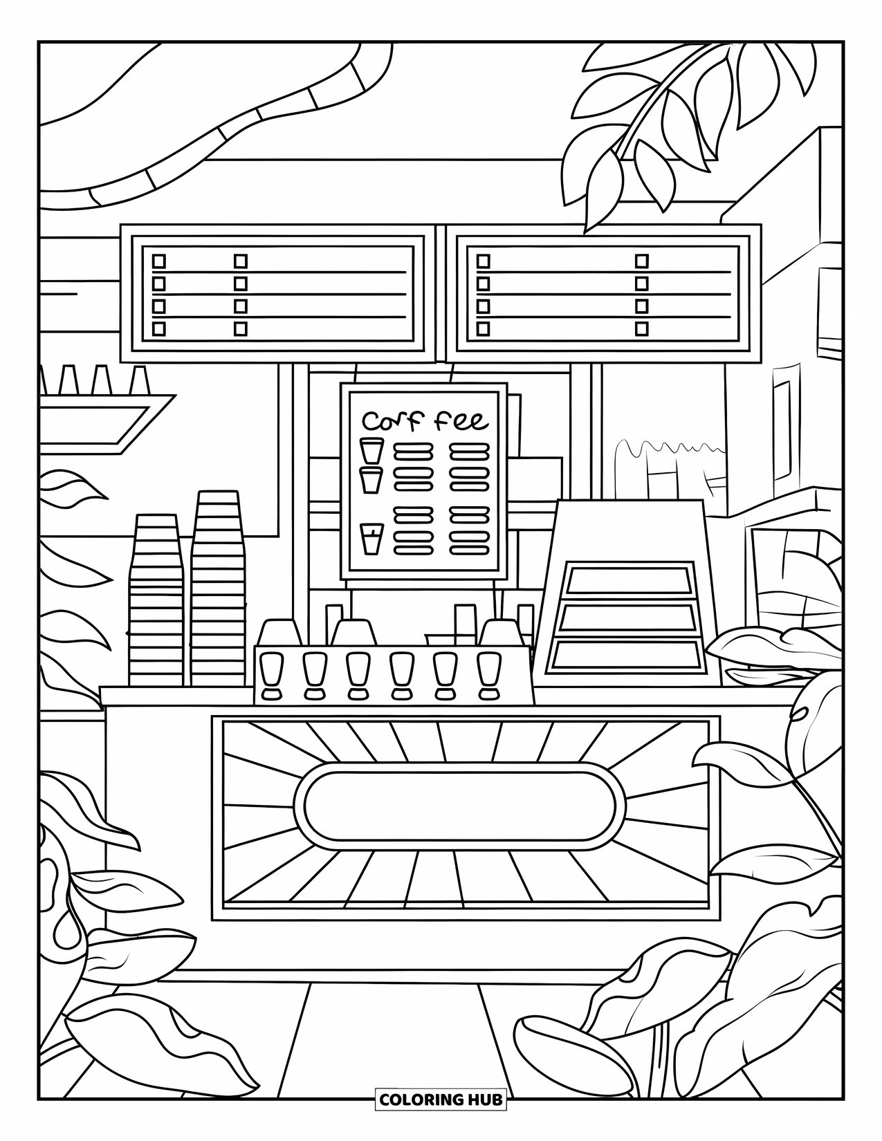 Desen de colorat cu cafea pentru copii: O cafenea modernă cu un tejghea, un panou de meniu și cești stivuite ordonat