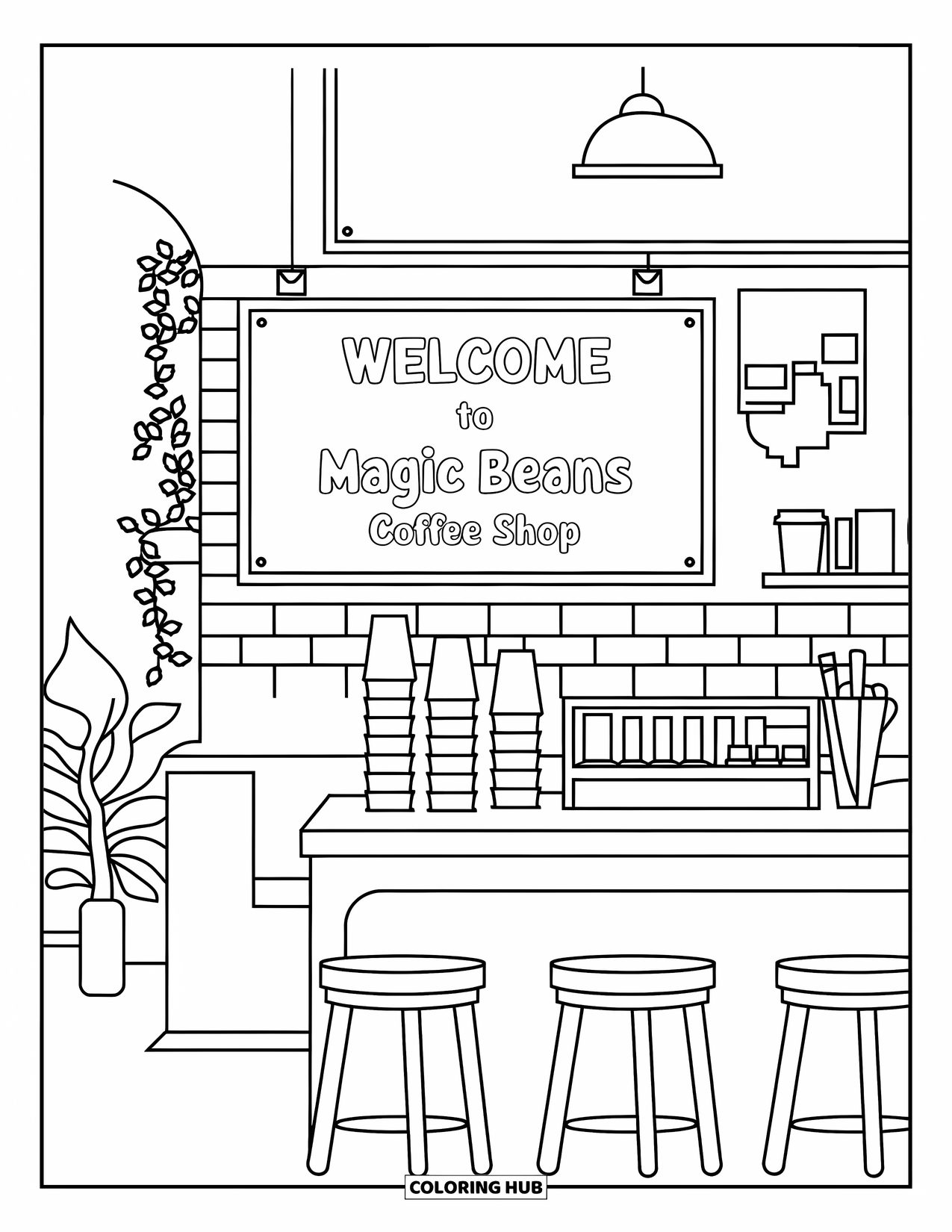 Desen de colorat cu cafea pentru copii: O cafenea modernă cu un tejghea, panou de meniu, scaune și plante în ghivece