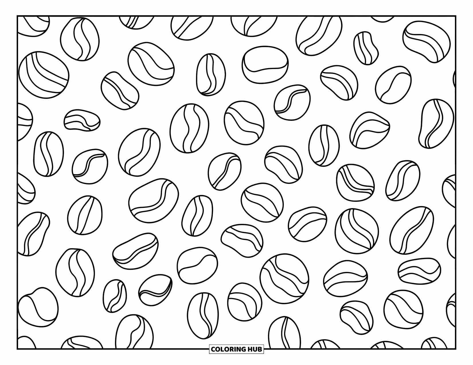 Desen de colorat cu cafea pentru copii: Un model jucăuș cu boabe de cafea împrăștiate în diferite dimensiuni