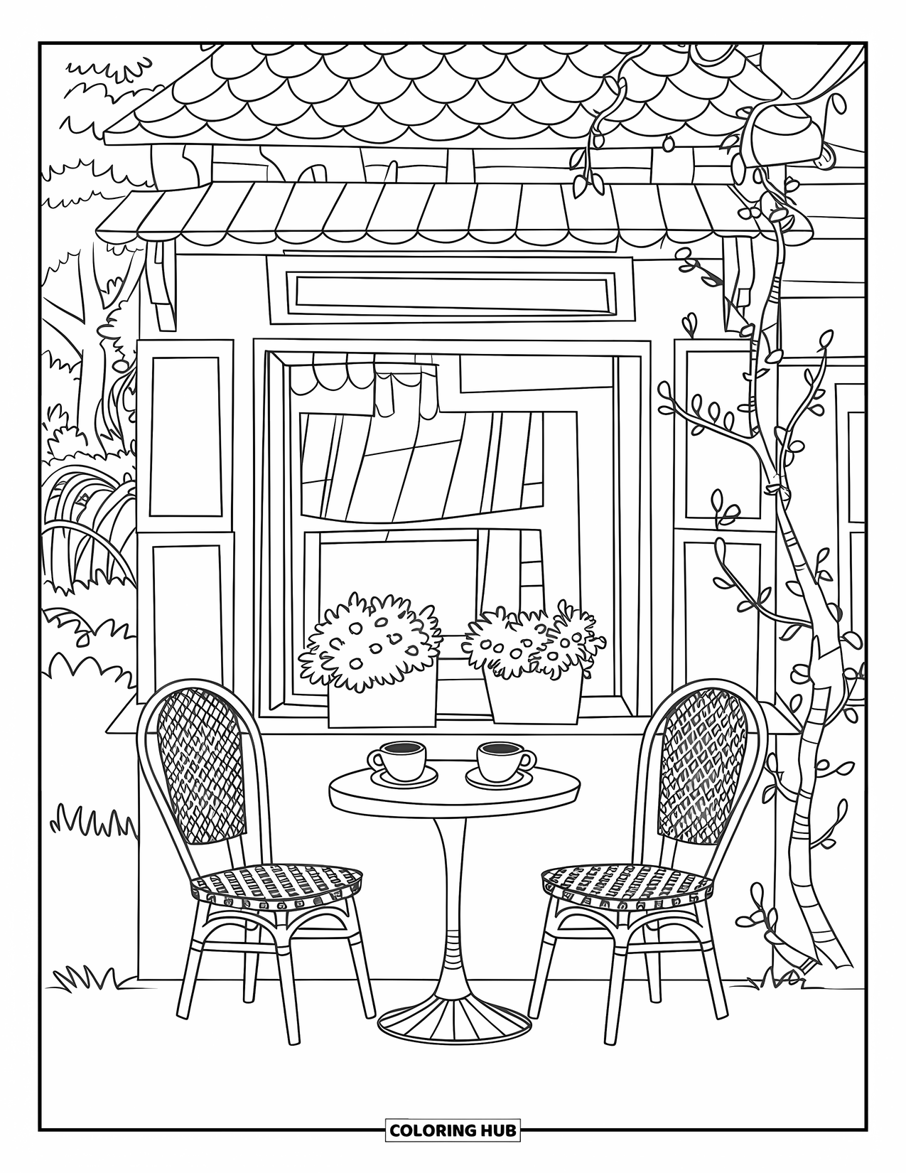 Desen de colorat cu cafea pentru copii: O cafenea pitorească cu o față de masă în carouri, plante în ghivece și o fereastră cu vedere la copaci