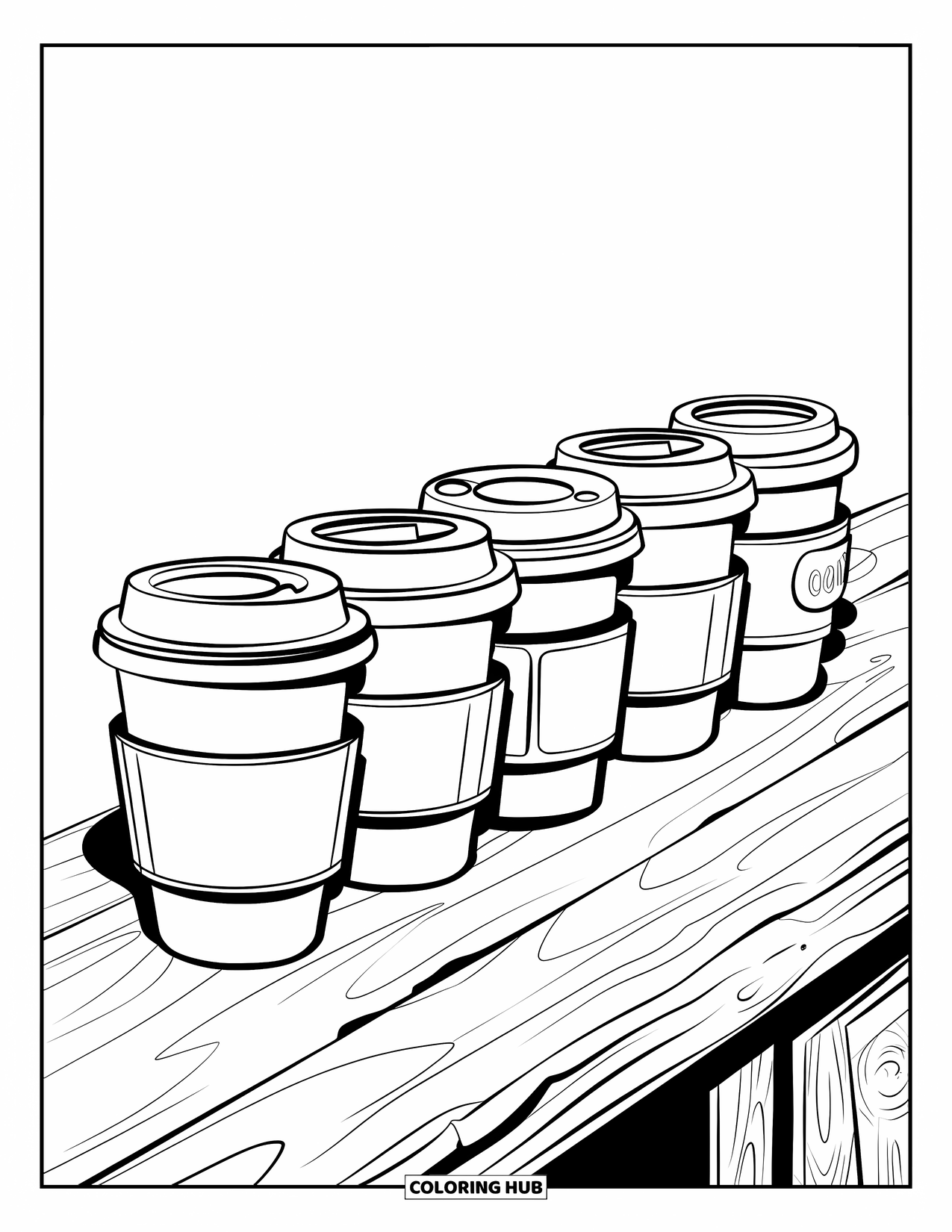Desen de colorat cu cafea pentru copii: Un rând de diferite cești de cafea, fiecare cu un capac sau un mâner unic