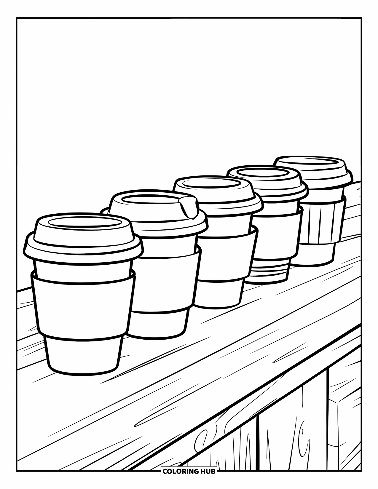 Desen de colorat cu cafea pentru copii: Un rând de cești de cafea unice așezate pe o suprafață de lemn într-un stil minimalist