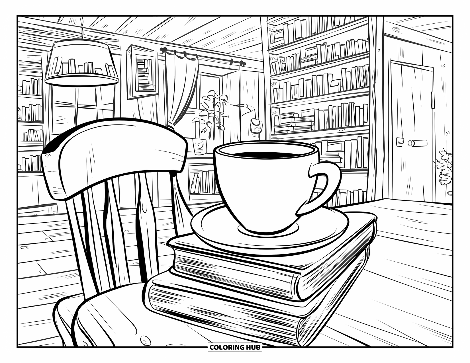 Desen de colorat cu cafea pentru copii: O cafenea rustică cu o ceașcă de cafea pe cărți, mobilier din lemn și o bibliotecă