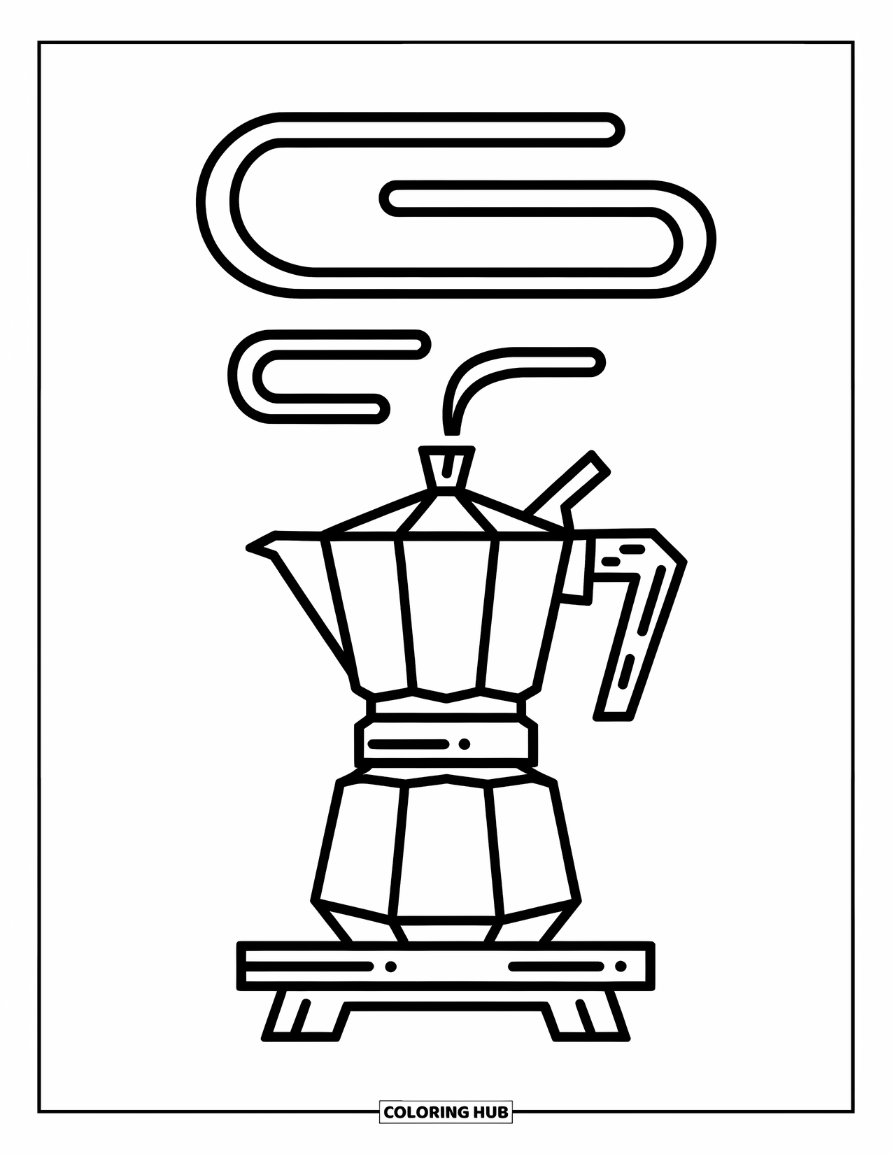 Desen de colorat cu cafea pentru copii: Un ibric de cafea rustic pe un suport de lemn cu linii curbate de abur