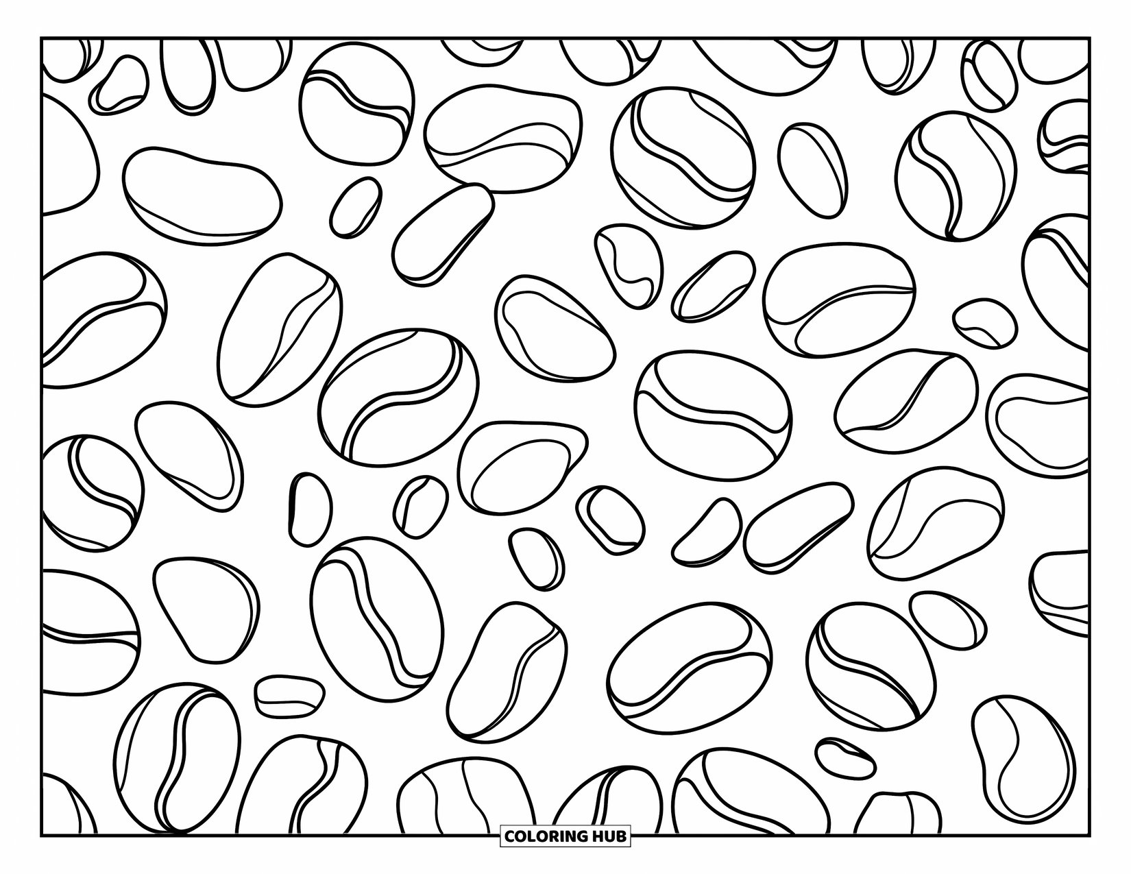 Desen de colorat cu cafea pentru copii: Un aspect simplu cu boabe de cafea împrăștiate în diferite dimensiuni