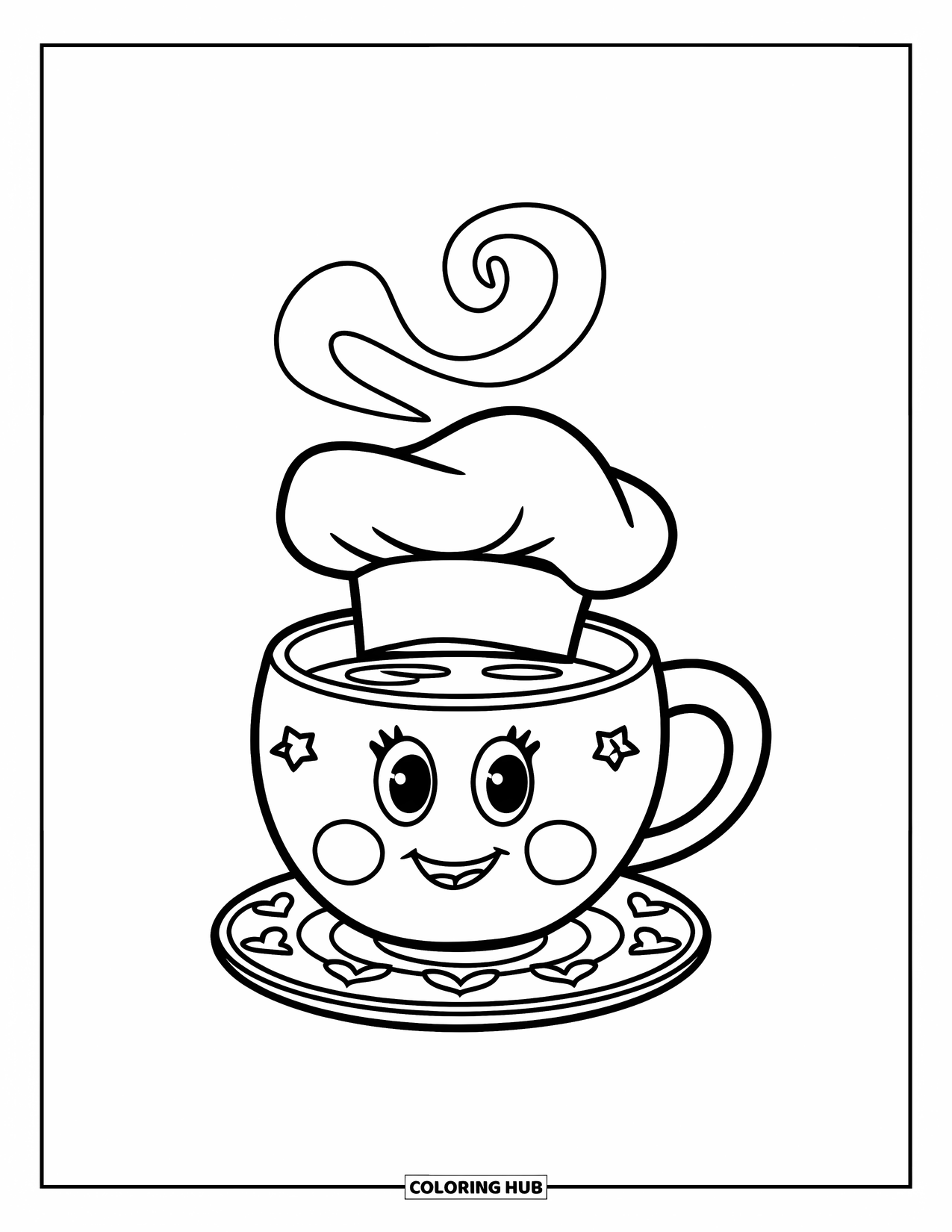 Desen de colorat cu cafea pentru copii: O cană de cafea zâmbitoare purtând o pălărie de bucătar pe o farfurioară