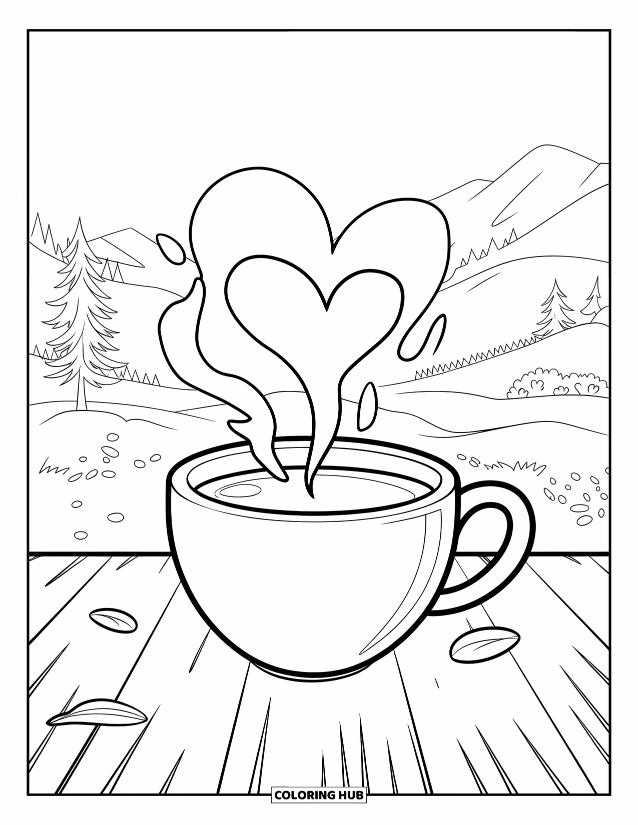 Desen de colorat cu cafea pentru copii: O ceașcă de cafea aburindă pe o masă cu frunze împrăștiate