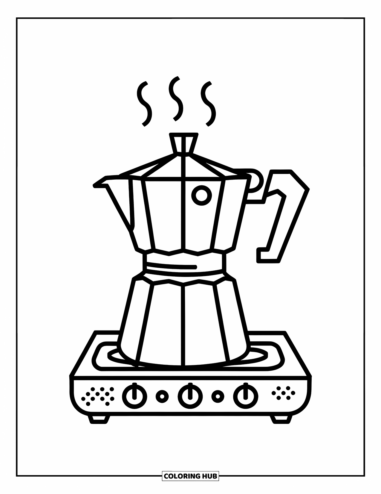Desen de colorat cu cafea pentru copii: Un ibric de cafea aburind așezat pe o sobă
