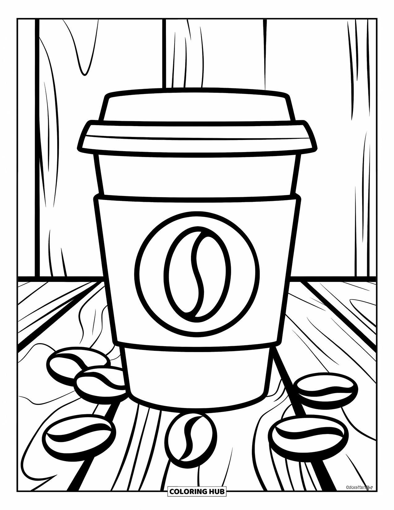 Desen de colorat cu cafea pentru copii: O cană de cafea la pachet cu boabe de cafea împrăștiate în jur