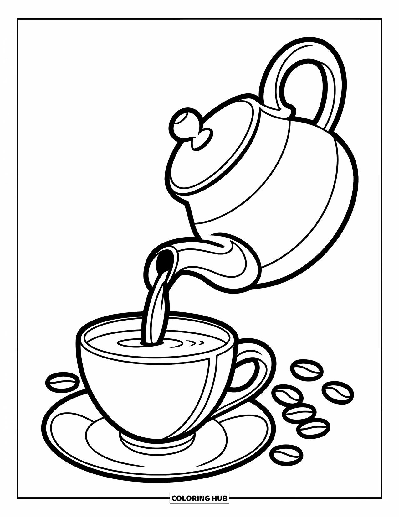 Desen de colorat cu cafea pentru copii: Un ceainic care toarnă cafea într-o ceașcă, conturat îndrăzneț cu un fundal curat