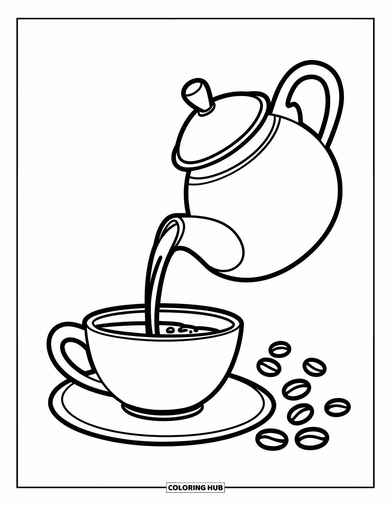 Desen de colorat cu cafea pentru copii: Un ceainic care toarnă cafea într-o ceașcă, fără texturi sau umbre