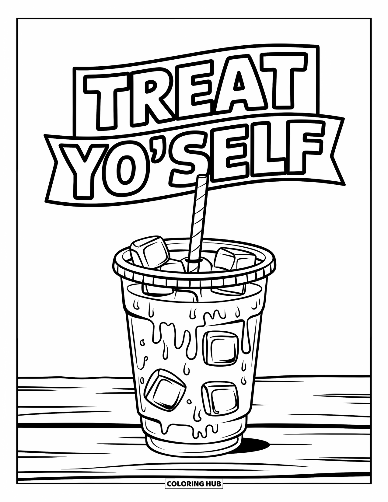 Desen de colorat cu cafea pentru copii: O ceașcă de cafea cu gheață cu un pai, așezată pe o suprafață de lemn sub un banner de text