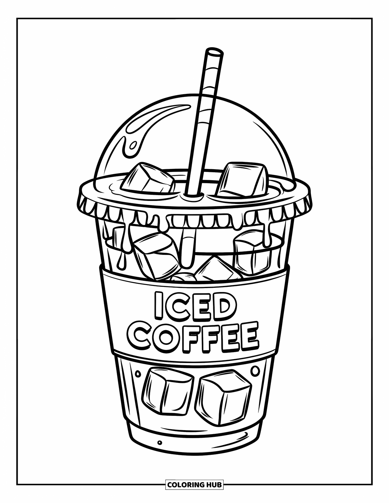 Desen de colorat cu cafea pentru copii: O ceașcă de cafea cu gheață cu linii de condens, cuburi de gheață și un pai